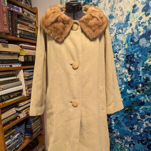 VINTAGE 60s cashmere ivory fur collar swing coat